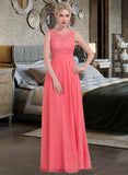 Desiree A-Line Scoop Neck Floor-Length Chiffon Lace Bridesmaid Dress With Ruffle STIP0013171