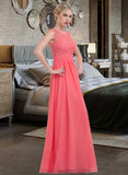 Desiree A-Line Scoop Neck Floor-Length Chiffon Lace Bridesmaid Dress With Ruffle STIP0013171