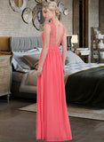 Desiree A-Line Scoop Neck Floor-Length Chiffon Lace Bridesmaid Dress With Ruffle STIP0013171