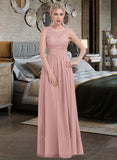 Desiree A-Line Scoop Neck Floor-Length Chiffon Lace Bridesmaid Dress With Ruffle STIP0013171