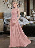 Desiree A-Line Scoop Neck Floor-Length Chiffon Lace Bridesmaid Dress With Ruffle STIP0013171