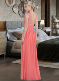 Desiree A-Line Scoop Neck Floor-Length Chiffon Lace Bridesmaid Dress With Ruffle STIP0013171