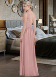 Desiree A-Line Scoop Neck Floor-Length Chiffon Lace Bridesmaid Dress With Ruffle STIP0013171