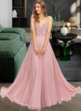 Abbie A-Line V-neck Floor-Length Chiffon Bridesmaid Dress STIP0013173