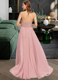 Abbie A-Line V-neck Floor-Length Chiffon Bridesmaid Dress STIP0013173