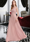 Elisa A-Line V-neck Floor-Length Chiffon Bridesmaid Dress With Ruffle STIP0013174