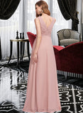 Elisa A-Line V-neck Floor-Length Chiffon Bridesmaid Dress With Ruffle STIP0013174