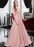 Elisa A-Line V-neck Floor-Length Chiffon Bridesmaid Dress With Ruffle STIP0013174