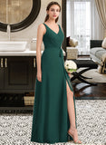 Winnie A-Line V-neck Floor-Length Chiffon Bridesmaid Dress With Ruffle Bow(s) Split Front STIP0013181