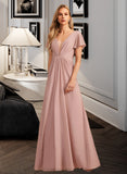 Gracie A-Line V-neck Floor-Length Bridesmaid Dress With Ruffle STIP0013183