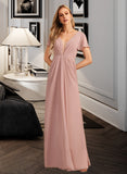 Gracie A-Line V-neck Floor-Length Bridesmaid Dress With Ruffle STIP0013183