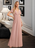 Gracie A-Line V-neck Floor-Length Bridesmaid Dress With Ruffle STIP0013183