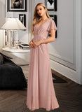 Gracie A-Line V-neck Floor-Length Bridesmaid Dress With Ruffle STIP0013183