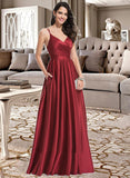 Leah A-Line V-neck Floor-Length Satin Bridesmaid Dress With Ruffle Pockets STIP0013187