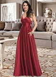 Leah A-Line V-neck Floor-Length Satin Bridesmaid Dress With Ruffle Pockets STIP0013187