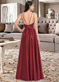 Leah A-Line V-neck Floor-Length Satin Bridesmaid Dress With Ruffle Pockets STIP0013187