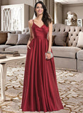 Leah A-Line V-neck Floor-Length Satin Bridesmaid Dress With Ruffle Pockets STIP0013187