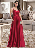 Leah A-Line V-neck Floor-Length Satin Bridesmaid Dress With Ruffle Pockets STIP0013187