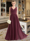 Ansley A-Line V-neck Floor-Length Chiffon Lace Bridesmaid Dress With Ruffle Bow(s) STIP0013191