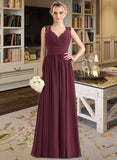 Ansley A-Line V-neck Floor-Length Chiffon Lace Bridesmaid Dress With Ruffle Bow(s) STIP0013191