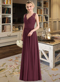 Ansley A-Line V-neck Floor-Length Chiffon Lace Bridesmaid Dress With Ruffle Bow(s) STIP0013191