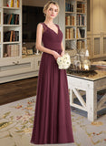 Ansley A-Line V-neck Floor-Length Chiffon Lace Bridesmaid Dress With Ruffle Bow(s) STIP0013191