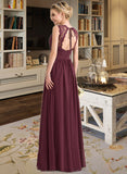 Ansley A-Line V-neck Floor-Length Chiffon Lace Bridesmaid Dress With Ruffle Bow(s) STIP0013191