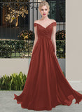 Amina A-Line Off-the-Shoulder Floor-Length Chiffon Lace Bridesmaid Dress With Ruffle STIP0013193