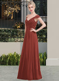 Amina A-Line Off-the-Shoulder Floor-Length Chiffon Lace Bridesmaid Dress With Ruffle STIP0013193