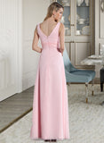 Ayanna Empire V-Neck Floor-Length Chiffon Bridesmaid Dress With Ruffle STIP0013196