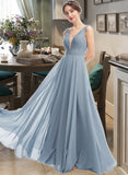 Nina A-Line V-neck Floor-Length Bridesmaid Dress STIP0013199