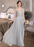 Leah A-Line V-neck Floor-Length Chiffon Lace Bridesmaid Dress With Bow(s) STIP0013203