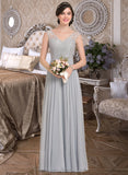 Leah A-Line V-neck Floor-Length Chiffon Lace Bridesmaid Dress With Bow(s) STIP0013203