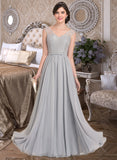 Leah A-Line V-neck Floor-Length Chiffon Lace Bridesmaid Dress With Bow(s) STIP0013203