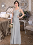 Leah A-Line V-neck Floor-Length Chiffon Lace Bridesmaid Dress With Bow(s) STIP0013203