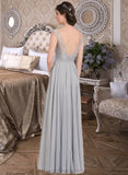 Leah A-Line V-neck Floor-Length Chiffon Lace Bridesmaid Dress With Bow(s) STIP0013203