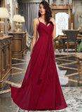 Rylie A-Line V-neck Floor-Length Bridesmaid Dress With Ruffle STIP0013206