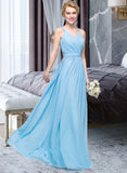 Joan A-Line V-neck Floor-Length Chiffon Bridesmaid Dress With Ruffle Bow(s) STIP0013211