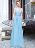 Joan A-Line V-neck Floor-Length Chiffon Bridesmaid Dress With Ruffle Bow(s) STIP0013211