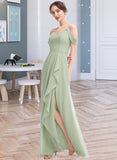 Kailyn A-Line V-neck Floor-Length Bridesmaid Dress With Ruffle Split Front STIP0013213