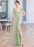 Kailyn A-Line V-neck Floor-Length Bridesmaid Dress With Ruffle Split Front STIP0013213