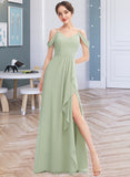 Kailyn A-Line V-neck Floor-Length Bridesmaid Dress With Ruffle Split Front STIP0013213