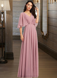 Mckinley A-Line V-neck Floor-Length Bridesmaid Dress With Ruffle STIP0013214