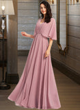 Mckinley A-Line V-neck Floor-Length Bridesmaid Dress With Ruffle STIP0013214