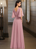 Mckinley A-Line V-neck Floor-Length Bridesmaid Dress With Ruffle STIP0013214