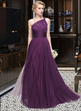 Nydia A-Line One-Shoulder Floor-Length Tulle Bridesmaid Dress With Ruffle STIP0013216