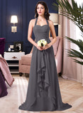 Tania A-Line Halter Sweep Train Chiffon Bridesmaid Dress With Bow(s) Cascading Ruffles STIP0013217