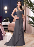 Tania A-Line Halter Sweep Train Chiffon Bridesmaid Dress With Bow(s) Cascading Ruffles STIP0013217