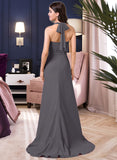 Tania A-Line Halter Sweep Train Chiffon Bridesmaid Dress With Bow(s) Cascading Ruffles STIP0013217