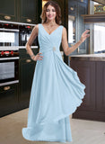 Sylvia Chiffon V-neck Floor-length A-Line Bridesmaid Dress With Crystal Brooch And Cascading Ruffles STIP0013219